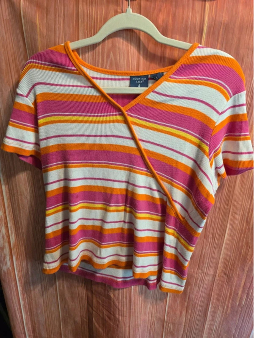 Vintage Mountain Lake Womens Medium Striped Ribbed Knit Wrap Shirt Pink Orange
